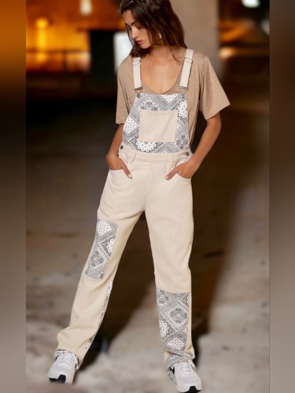 POL Retro 90s Paisley Patchwork Denim Overalls Relaxed Fit Clr Oatmeal Sz S New